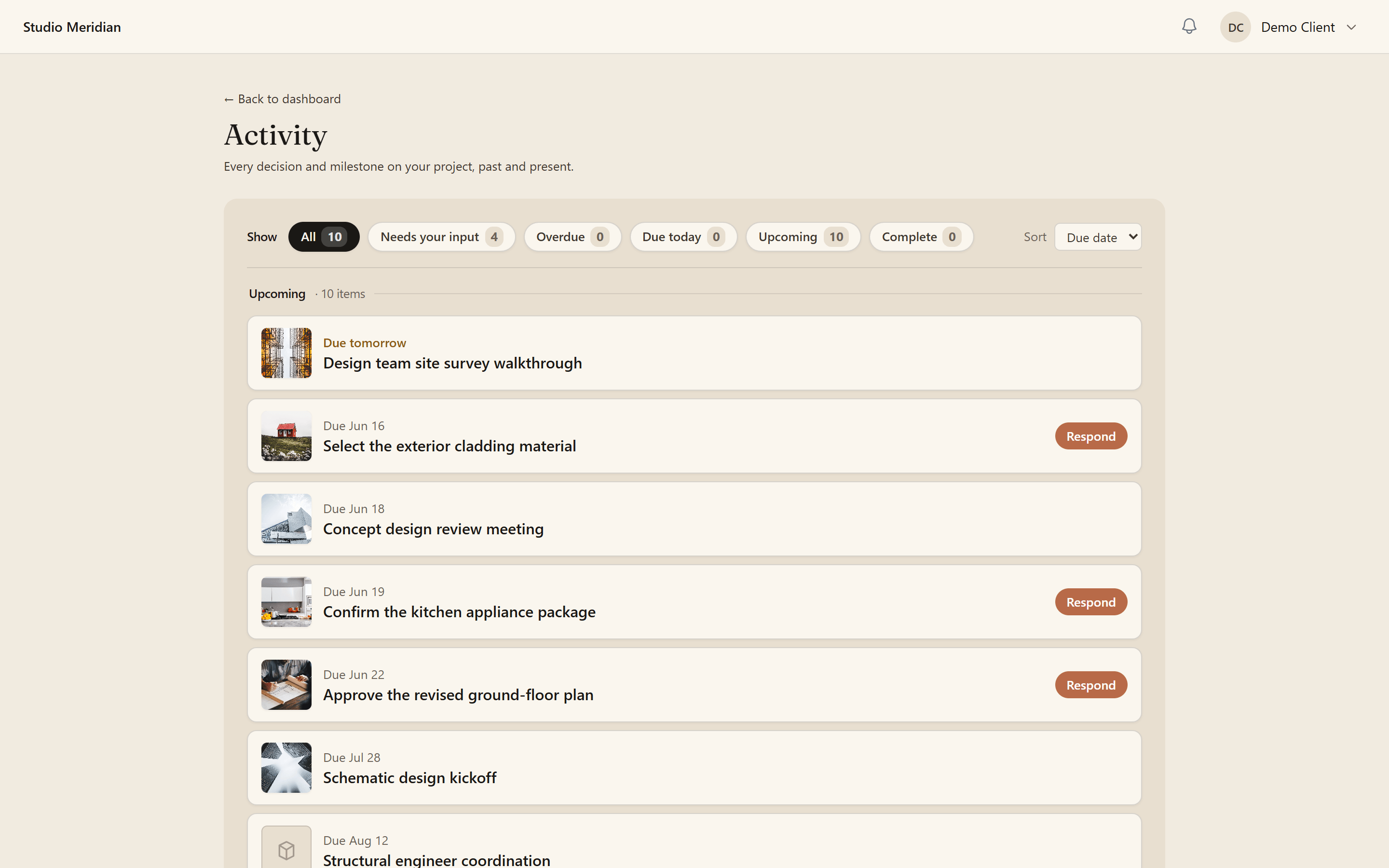 The project activity list with every decision on the record