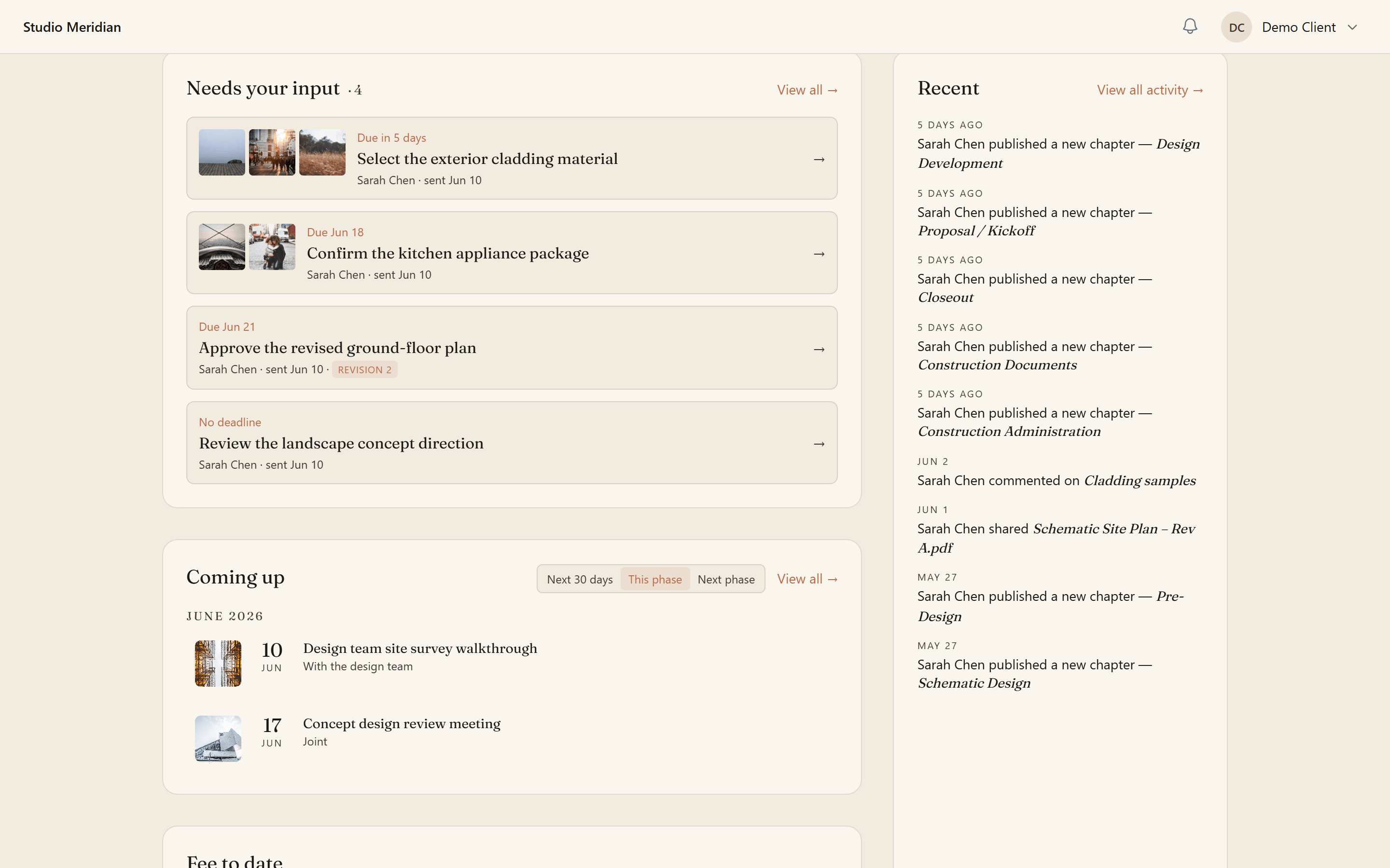 The client dashboard with decisions, upcoming dates, and recent activity